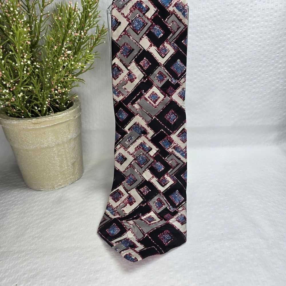 Zianetti Imported Silk Geometric Patterned Tie - Black, Blue, Gray, Mens EUC